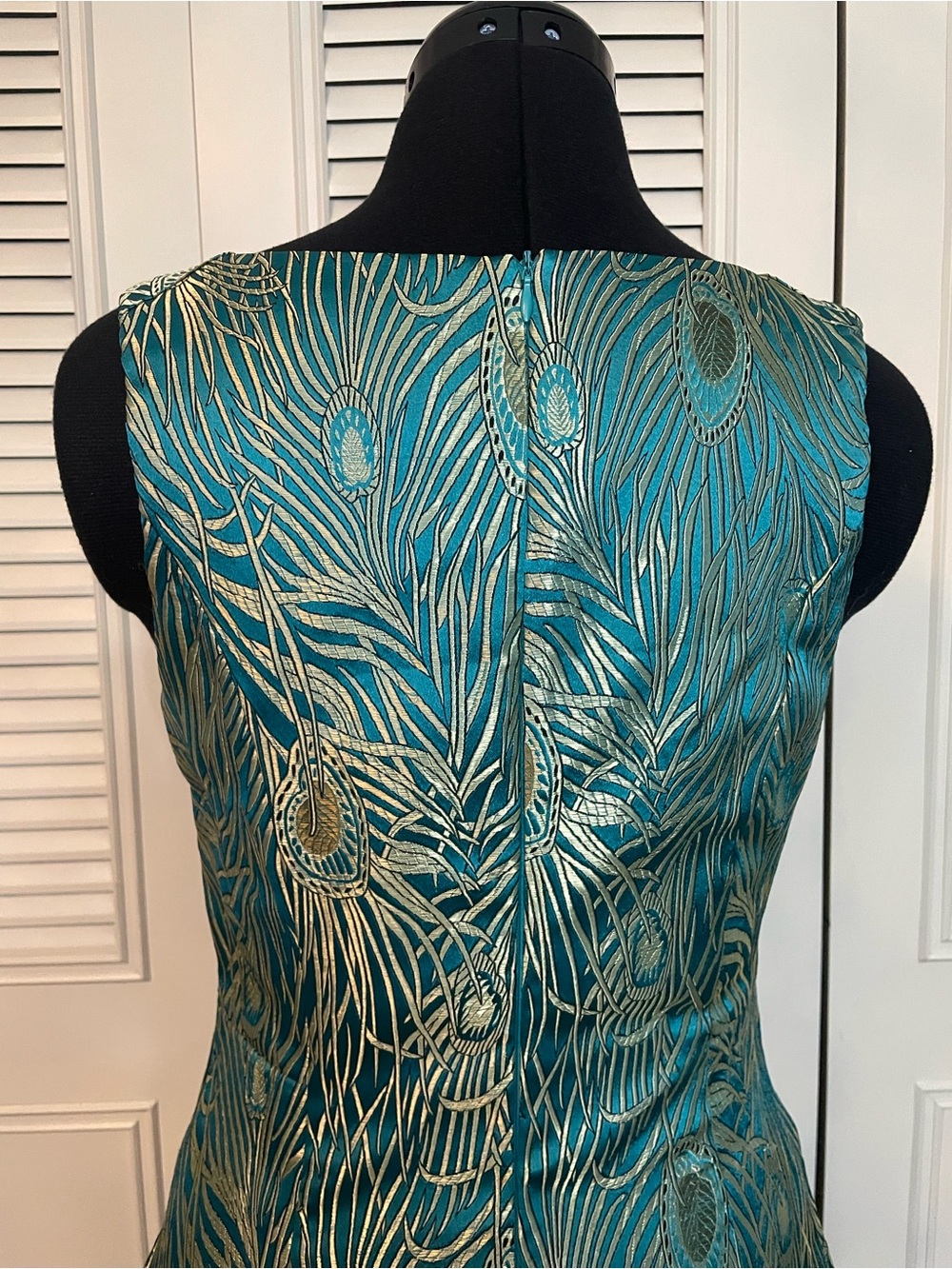 Teal Metallic Peacock Brocade Sheath Dress - Picture 7 of 9